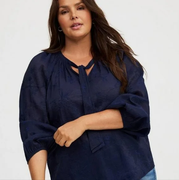 Torrid Chiffon Embroidered Tie Front Peasant Top Blouse - Picture 2 of 11